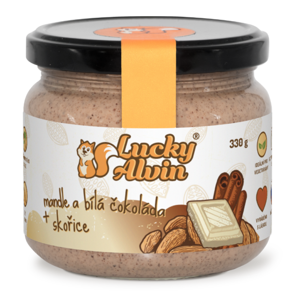 Mandle a bílá čokoláda + skořice - oříškové máslo Lucky Alvin