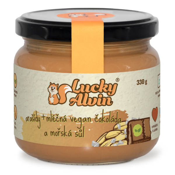 Arašídy + mléčná vegan čokoláda a mořská sůl - oříškové máslo Lucky Alvin